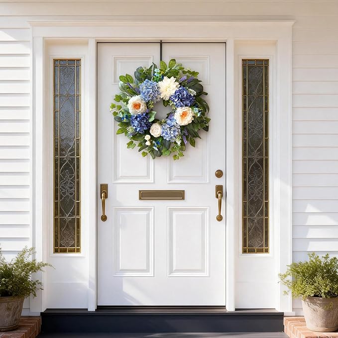 24 Inch Spring Wreaths for Front Door, Spring Summer Door Wreath with Blue Hydrangea White Peony Flower Wreath for All Season Outside Indoor Outdoor Home Porch Wall Decor