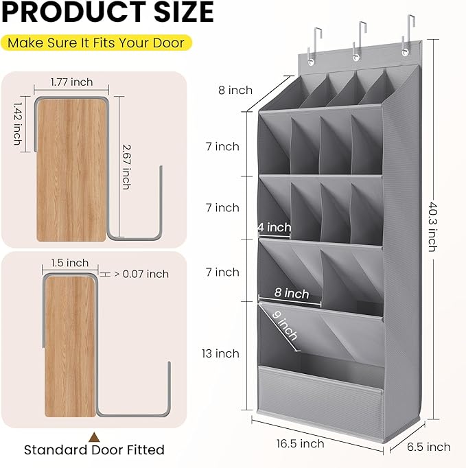 15 Pockets Over the Door Shoe Organizer, Shoe Rack for Closet Door with Large Breathable Pockets, Hanging Shoes Rack for Boots Size, Behind the Door Organizer Shoe Holder for Flexible Storage, Grey ﻿