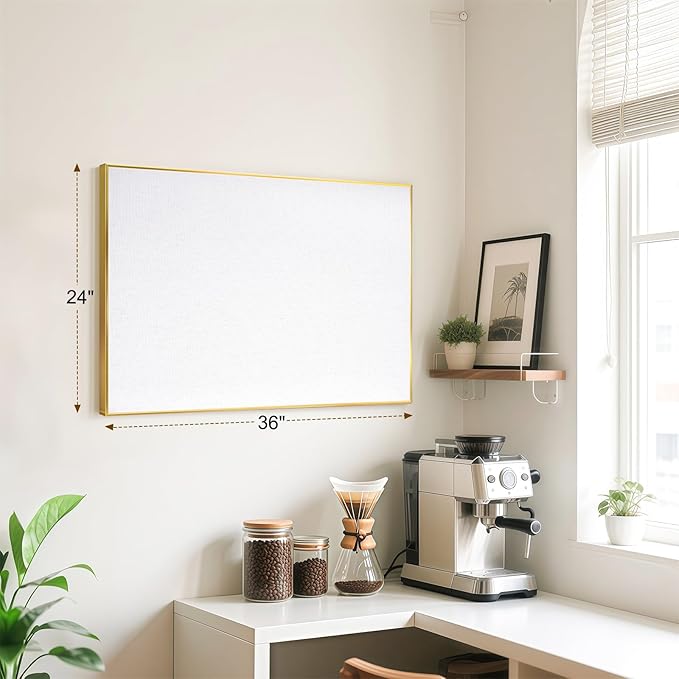 Linen Bulletin Board 36" x 24", White Fabric Pin Board with Gold Aluminum Frame, Decorative Vision Board for Home Office, Bedroom & Dorm Wall Decor, Includes 10 Push Pins