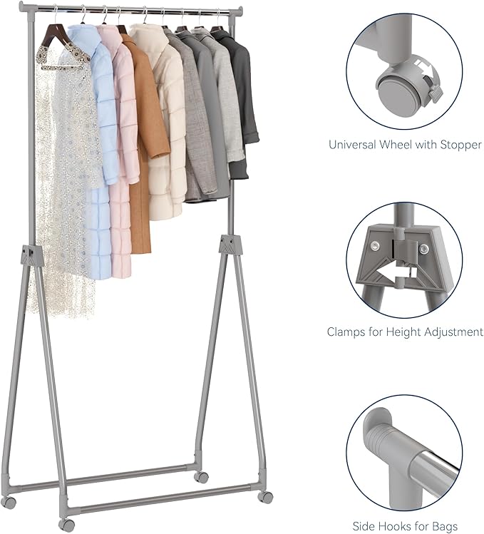 Whitmor Foldable Garment Rack - Rolling Clothes Rack - Adjustable Height Garment Rack, Heavy Duty Foldable Clothes Rack with Adjustable Hanging Rod for Home Office- Dark Grey