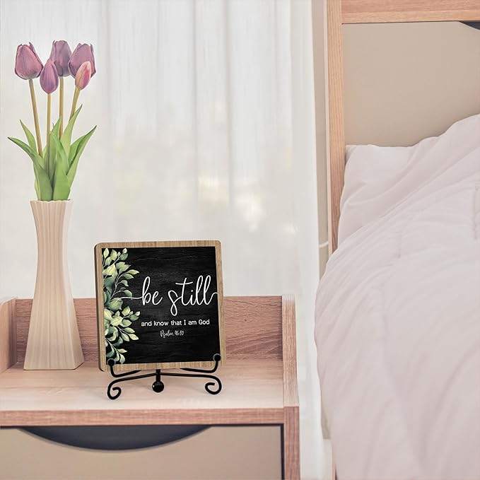 Inspirational Christian Desk Decor, Be Still And Know That I Am God Sign, Desk Decorations For Office Home Living Room Bathroom, Eucalyptus Shelf Decor, Wooden Plaque With Stand (02)