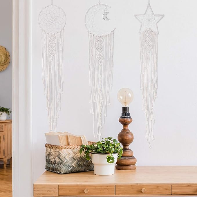 Jetec 3 Pcs Boho Macrame Dream Catcher Woven Wall Hanging Crescent Moon Star Sun Dreamcatcher with Long Tassel Large White Handmade Bohemian Home Decor Art Craft for Bedroom Room Decoration Gift