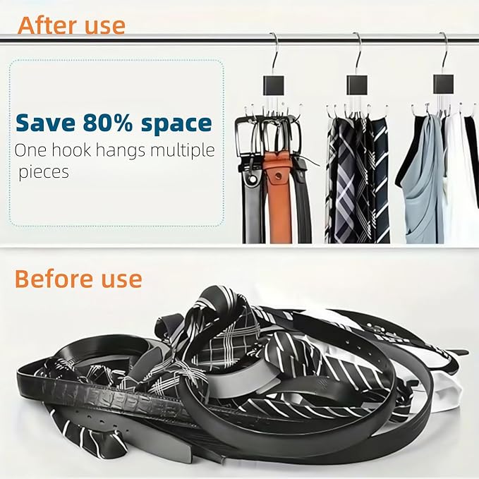 2Pcs Multifunction Belt Hanger, 360° Rotatable Belt Organizer | Hold Up to 24 Belts – Hanging Holder Storage Hook for Belt, Bra, Tie, Scarf, Purse & Tank Tops, Silver