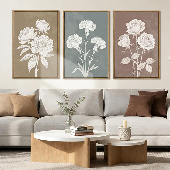 BINCUE Extra Large Neutral Botanical Wall Art Floral Painting Flower Print Flower Artwork Floral Wall Decor Flowers Wall Pictures for Living Room Bedroom Bathroom Dining Room Farmhouse 24x36 Inches 3 Piece Gift