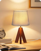 Tripod Table Lamp, 14.6" Small Bedside Lamp with Gray Linen Shade & Dark Wood Base, Modern Nightstand Lamp for Bedroom, Kids Room, Living Room, Nursery, Office, E26 Socket, LH51TL05