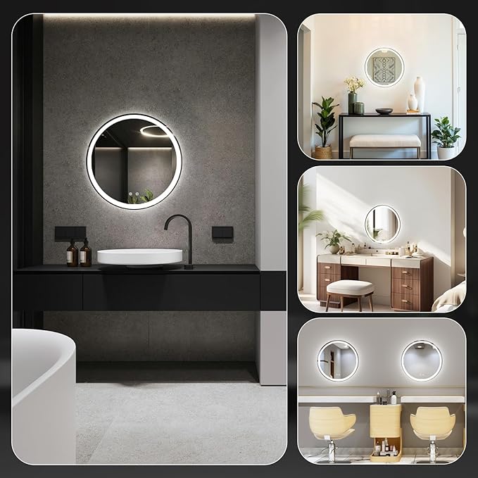 DUMOS 36 Inch Round LED Bathroom Mirror with Lights, Circle Vanity Mirror with Anti-Fog, Dimmable, 3-Color Light, Front Light and Backlit, Memory Function, Tempered Glass