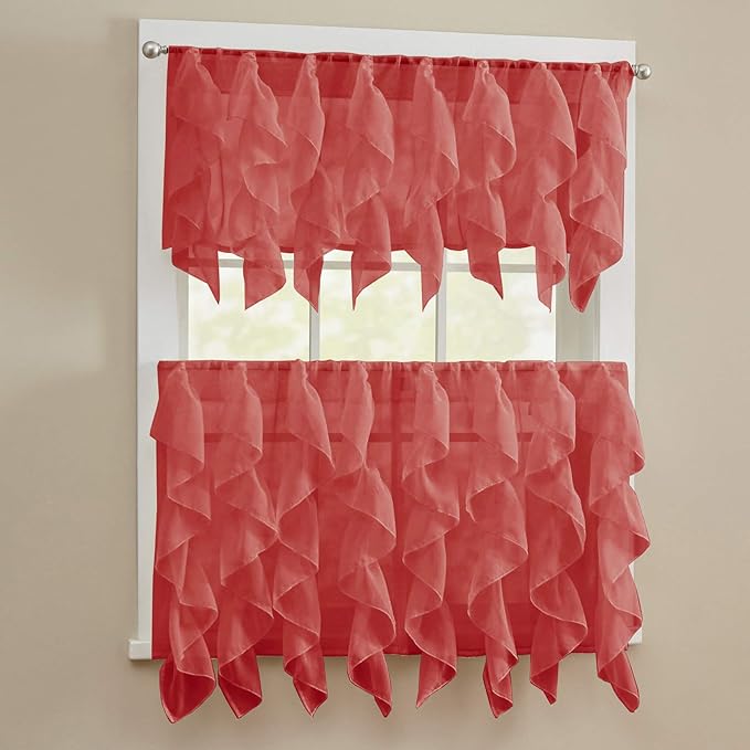 Sweet Home Collection 3 Piece Kitchen Curtain Set Sheet Vertical Cascading Waterfall Ruffle Includes Valance & Choice of 24" or 36" Teir Pair, Tier, Sheer Burgundy