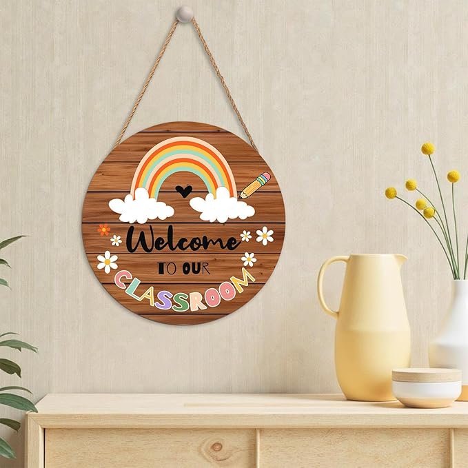 Harooni Welcome Sign for Classroom Door Sign Welcome to Our Classroom Door Decorations 12"x12" Rainbow Classroom Welcome Door Hanger Wreath Signs for School Classroom Door Hanger Teacher Gift Bulletin