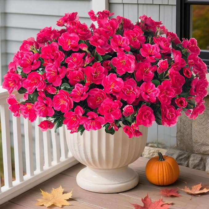 HyeFlora Artificial Faux Outdoor Flowers Plants for Spring Summer Decoration, Fake Silk Hotpink Camellia UV Resistant Look Real for Planter Outside Front Door Porch Patio Balcony, 3 Large Bundles