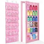 Over-the-Door Kids Shoe Organizer, Pink Shoe Rack for Door, 24 Crystal Clear Pockets, Heavy-Duty Hanging Organizer, 3 Metal Hooks for Toddler Shoes