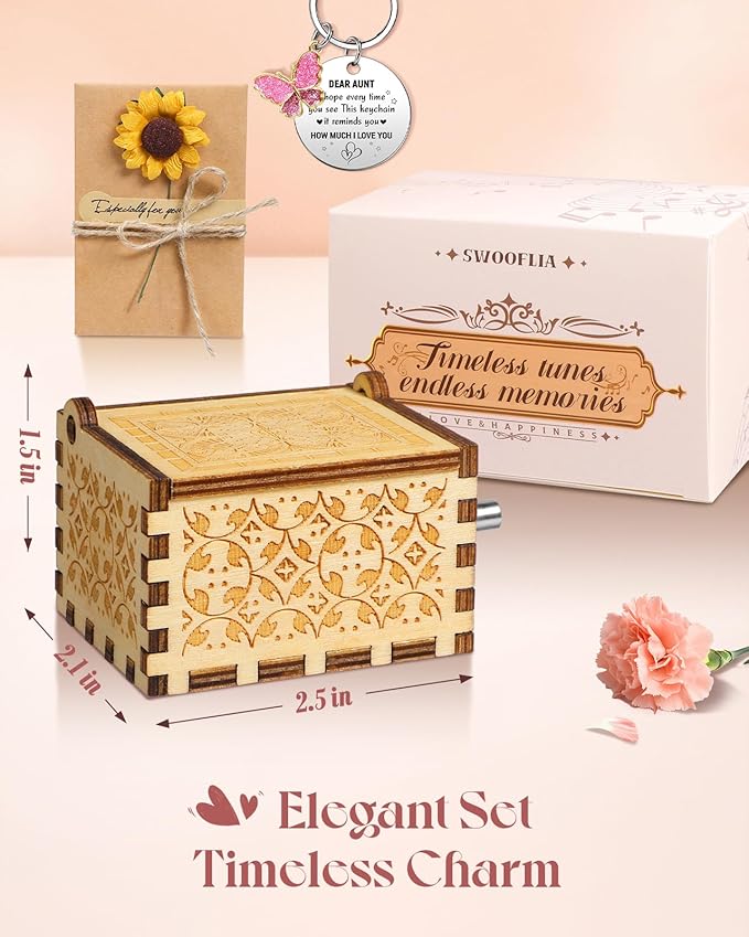 Swooflia Mother's Day Wooden Music Box for Aunt - Hand Crank Engraved Musical Box Vintage Mechanism Personalized Gifts for Mom Daughter Niece Granddaughter Grandma Friend Jesus On Birthday