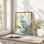 Framed Blue Heron Wall Art, Watercolor Sea Bird Pictures Wall Decor, Coastal Nature Wildlife Animal Paintings Canvas Prints for Living Room Bedroom Bathroom Office Home Decor 16x24 inch