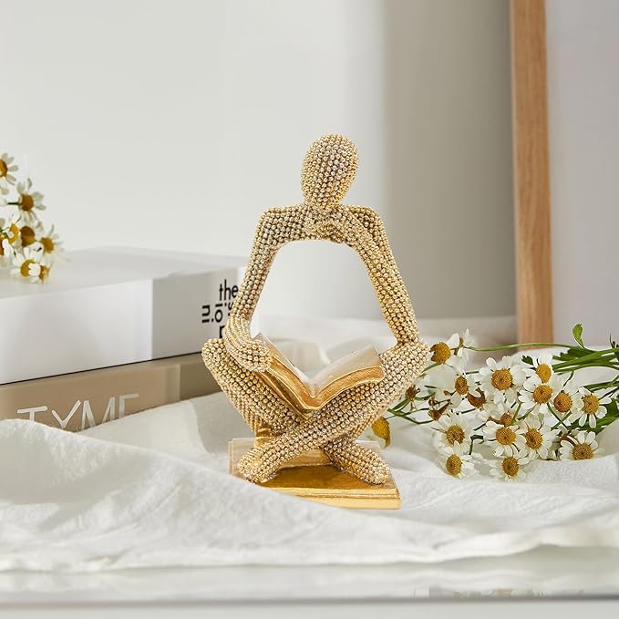 Sparkling Gold Reading Women Statue, Thinker Sculptures, Abstract Art Ornament, Modern Aesthetic Figurine Decoration for Home Living Room Bedroom Office Shelf Table Desk Bookshelf Decor