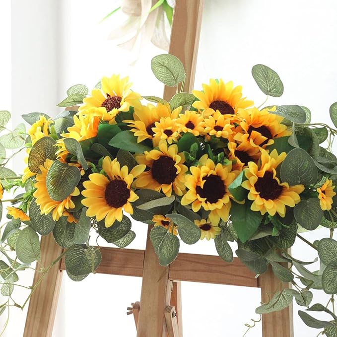 Artificial Sunflower Swag, 30Inch Decorative Flower Swag with Green Leaves Hanging Ornament Floral Swag Door Swag for Door Wedding Party Decoration