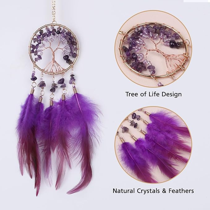 Pretty Jolly Small Tree of Life Crystal Stone Dream Catchers Purple Feathers Mini Dreamcatchers for Cars Rear View Mirror Hanging Decoration Good Luck Travel Charm Bedroom Ornaments for Women Girls