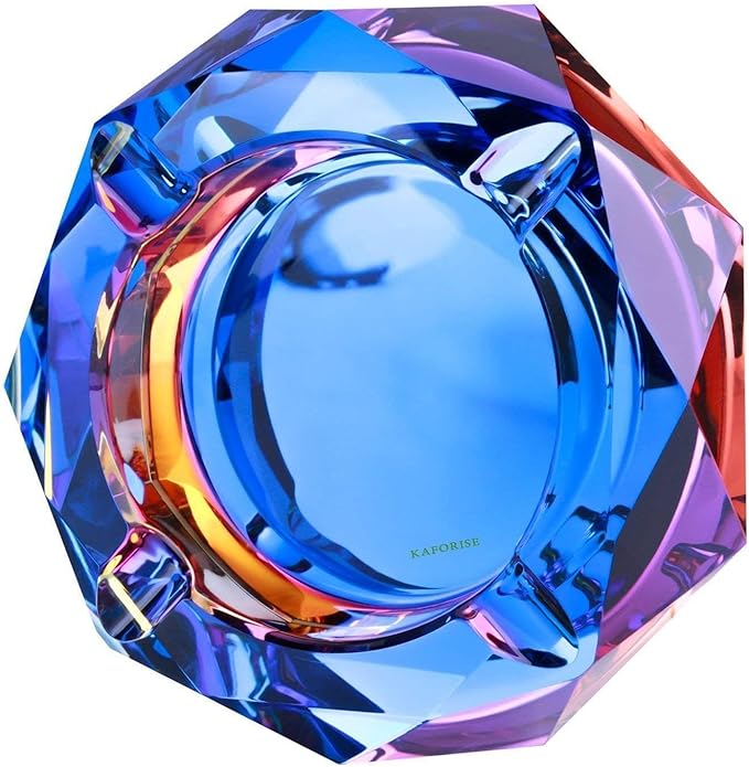 Kaforise Heavy K9 Crystal Ashtray for Cigarettes – Cool Color-Changing Glass Ash Tray for Outdoor Patio & Home Decor – Fancy Geometric Tabletop Accessories, Unique Luxury Gift for Men Smokers (01)
