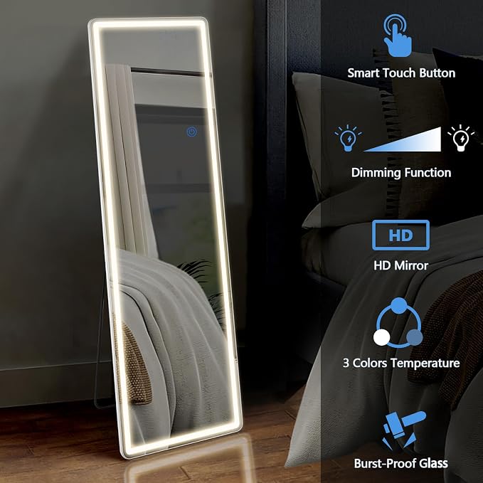 DUMOS LED Full Length Mirror, 20"x63" Full Body Floor Standing Mirror with 3 Color Lights & Wall Mounted for Bedroom, Dressing Room, Living Room, Bathroom