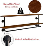 Clothes Rack 48in, Wall Mounted Garment Rack with Real Walnut Wood Shelf, Heavy Duty Hanging Clothes Rack, Multi-Purpose Hanging Rod, Space-Saving Closet Storage (Walnut, 2T48IN)