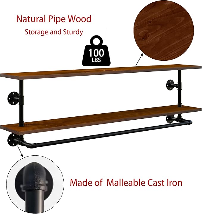 Clothes Rack 48in, Wall Mounted Garment Rack with Real Walnut Wood Shelf, Heavy Duty Hanging Clothes Rack, Multi-Purpose Hanging Rod, Space-Saving Closet Storage (Walnut, 2T48IN)