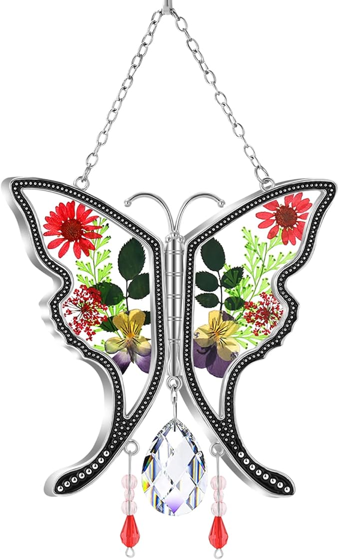 KY&BOSAM Butterfly Suncatcher Gifts for Mom Stained Glass Butterfly for Windows Hangings Wind Chime Ornament Pressed Rearl Flower Wings and Crystal Charm Birthday Gift for Mom Mother`s Day Christmas