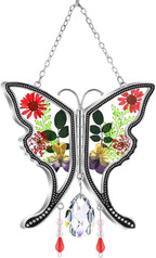 KY&BOSAM Butterfly Suncatcher Gifts for Mom Stained Glass Butterfly for Windows Hangings Wind Chime Ornament Pressed Rearl Flower Wings and Crystal Charm Birthday Gift for Mom Mother`s Day Christmas