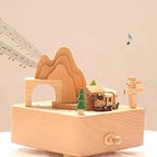 Natural Solid Wood Handcrafted Beech Wooden, Musical FigureTotoro/Carousel/Fairy/Ballerina Figurine,Rotating Hand Crank Mechanism Music Box,Musical Decorations (Mountain and Train)