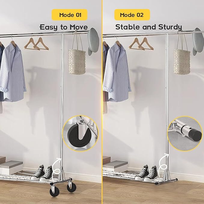 Clothing Garment Rack Capacity 550LBS Rolling Clothes Rack on Wheels - Heavy Duty Commercial Storage Organizer - Mobile Clothes Rack with Multifunctional Design (Silver)