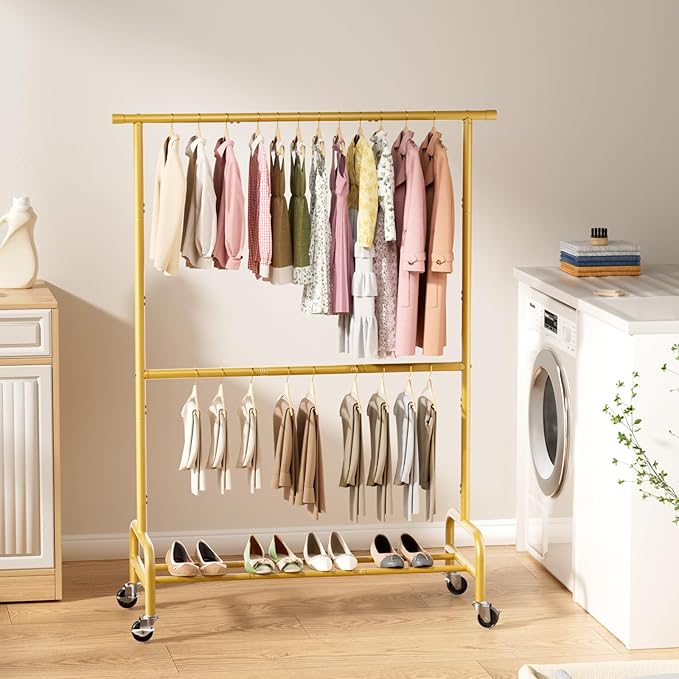 Abiglifty 2 Tier Clothes Rcks for Hanging Clothes, Heavy-Duty Clothing Rack with Wheels,150LBS Capacity, 42" W X15 D X 77" H Garment Rack with Bottom Shelf, for Bedroom, Living Room, Gold