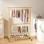 Abiglifty 2 Tier Clothes Rcks for Hanging Clothes, Heavy-Duty Clothing Rack with Wheels,150LBS Capacity, 42" W X15 D X 77" H Garment Rack with Bottom Shelf, for Bedroom, Living Room, Gold