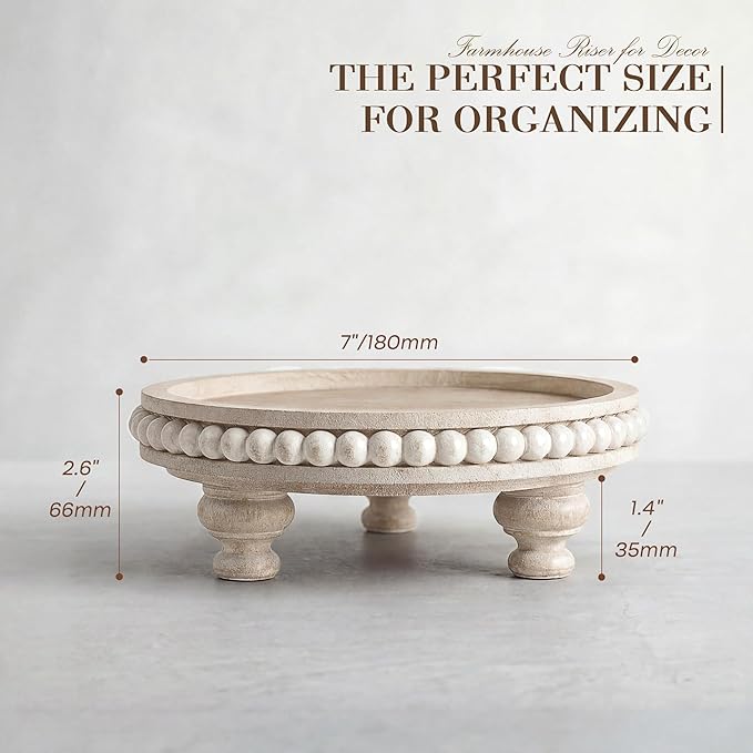 EOSAHR Rustic Round Pine Wooden Riser with Farmhouse Beaded - Decorative Tray for Home Decor, Plant Stand & Coffee Table – Display Risers for Kitchen Counter (Light-Natural)