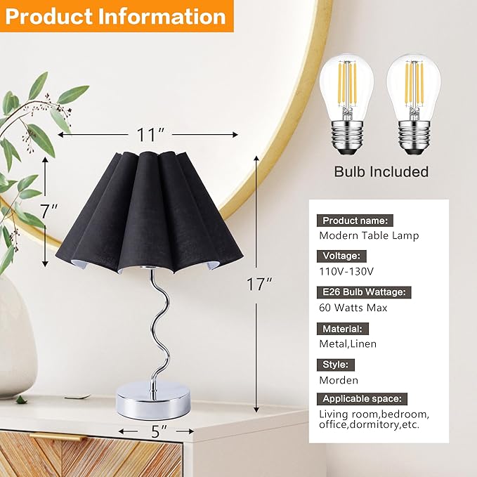 EOEYYOYB Pleated Table Lamp, Table Lamp for Bedroom, Bedside Lamps for Nightstand with Linen Lampshade, Modern Lamp for Bedroom Home Office Decor, Chrome