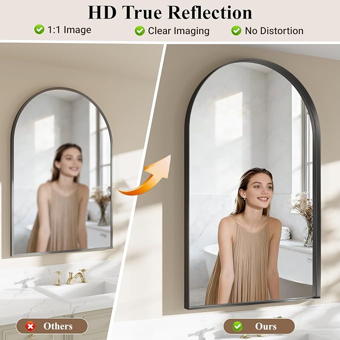 Arch Bathroom Mirror, 30"x48" Wall Mounted Vanity Mirror with Deep Frame, Tempered Glass Decor Mirror for Bathroom, Bedroom, Entryway and Living Room, Hanging or Leaning, Black