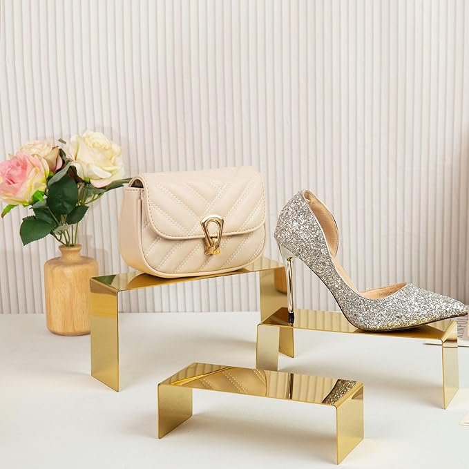 Purse Display Stand, 3pcs Gold Risers Display Stands Stainless Steel, Heavy Duty 22lb Countertop Shoes Stand Handbag Tiered Risers for Home Boutique Retail Store Vendor Display Bags Perfume Jewelry Craft