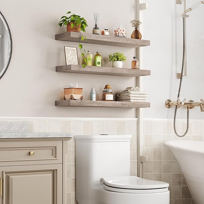 RALGEND Floating Shelves for Wall, 31.5" Long Wall Shelf Set of 3 with Invisible Brackets, 7.9" Width Hanging Book Shelves Farmhouse Home Decor for Bathroom, Living Room, Bedroom, Greige 8301BJP3BG