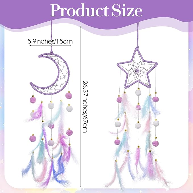 ElevateTech Purple Dream Catcher Wall Hanging Set, 2 Pcs Moon Star Pompom Feather Dreamcatcher Wall Decor Handmade Dream Catchers Boho Room Decor for Bedroom, Nursery Walls Art Birthday Gifts