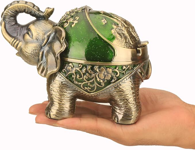 LAUYOO Elephant Decorative Ashtray with Lid for Cigarettes Metal Smoking Ash tray Ashtrays for Smoker Windproof Cigarette ashtrays for Outdoor Indoor Fancy Gift for Men Women Weed Smokers (Dark Green)