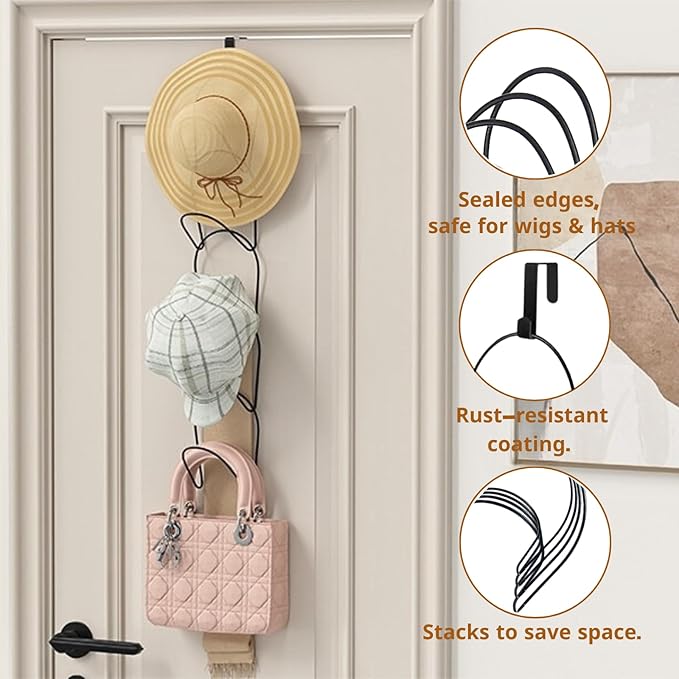 LINFIDITE 10 Pack Hat Rack Hanger Holder Organizer Closet Hanging Baseball Cap Display Storage Rack for Scarves Handbags Towels Clothes Ties Over Door Wall Mounted w Hanging Hook Black