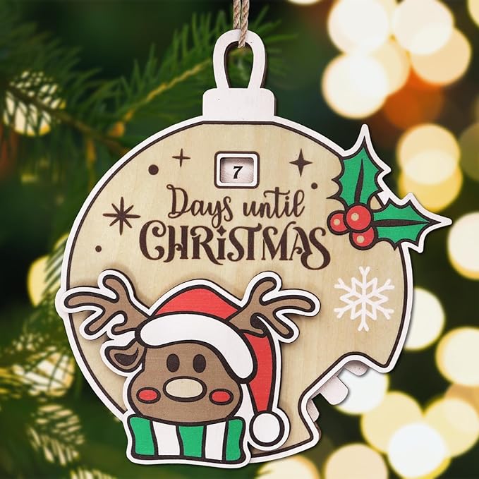 Christmas Elk Snowflake Ornaments for Trees Decorations, Wooden Countdown Hanging Pendant Charms Xmas Reindeer Decorative DIY Craft Hanging Ornaments for Christmas Decorations