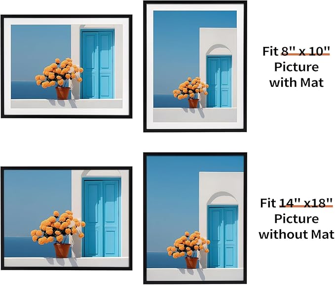 Rempry 14x18 Picture Frame, Display Pictures 12x16 with Mat or 14x18 Without Mat, Wall Hanging or Tabletop Photo Frame with Shatter Resistant Plexiglass, Black, 1 Pack
