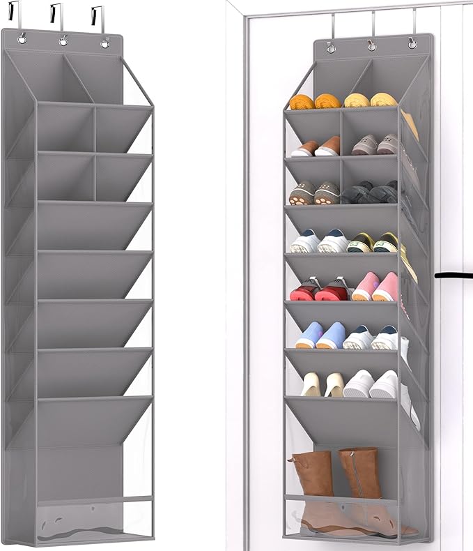 VERONLY Door Shoe Organizer, Over The Door Hanging Shoe Rack with Large Pockets, Space Saving Shoe Storage for Closet, Entryway, Bedroom, Shoe Holder for Men Women Kids (Grey)