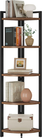 FATORRI Tall Corner Shelf, Industrial Corner Bookshelf, Wood and Metal Corner Shelf Stand for Living Room, Rustic Display Plant Stand for Home Office (Medium Walnut)