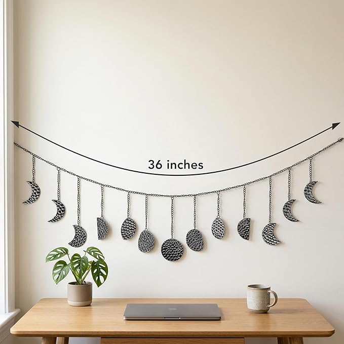 opulinea Moon Phase Garland Black Gunmetal Hammered Metal - Celestial Boho Wall Hanging Decor Moon Phases Ornament for Bedroom Aesthetic Above Bed Living Room Home Decor