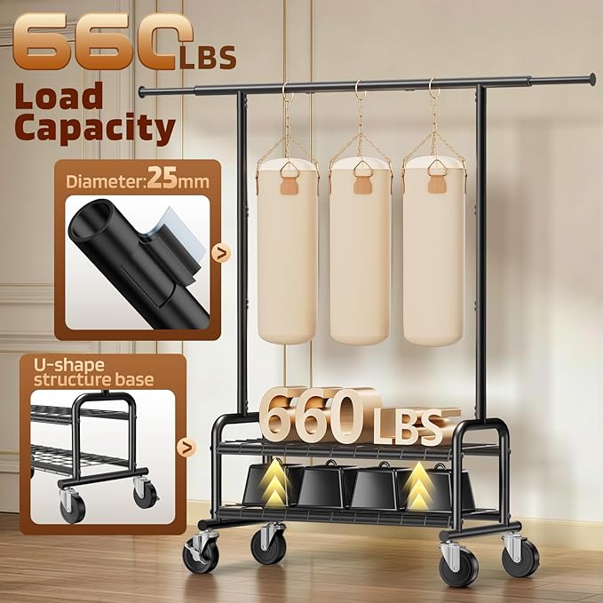 Heavy Duty Clothes Rack - Load 660 LBS, Rolling Clothing Rack for Hanging Clothes with Lockable Wheels & Shelves, Portable Garment Rack for Bedroom, Laundry, Living Room (Modern, Black)