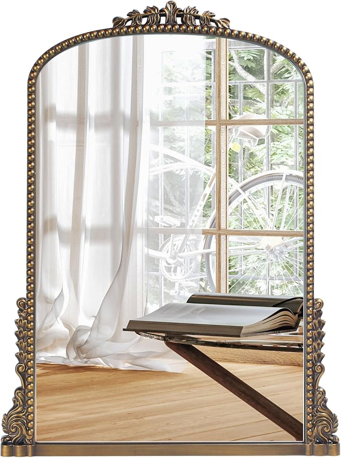 Vintage Baroque Arched Mirror - Traditional Ornate Antique Brass Wood Frame - 24"X32" - Perfect for Entryway, Fireplace, Living Room, Hallway, Bathroom