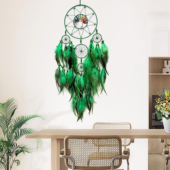 Green Large Dream Catcher Wall Decor Crystal Tree of Life Dream Catchers Handmade Feather Dreamcatcher Wall Hanging Ornament for Bedroom Living Room Home Decor