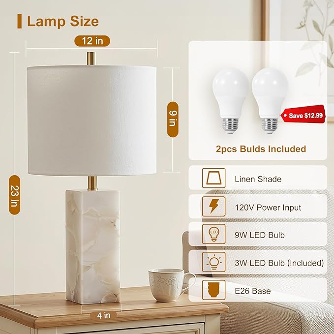 Scenekoy Alabaster Table Lamp Set of 2 with Night Light for Bedroom Living Room, 23" Rotary Switch Bedside Lamp with Linen Shade, Modern Nightstand Lamps for Room Office Dorm (Bulb Included)
