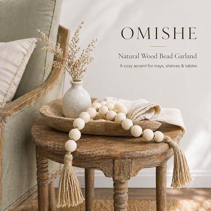 OMISHE 60" Long Extra Large Wood Bead Garland with 1.6" Diameter Wooden Beads and Tassels, Rustic Farmhouse Country Decorative Beads for Home Decor Tiered Tray Decor, Natural Beige