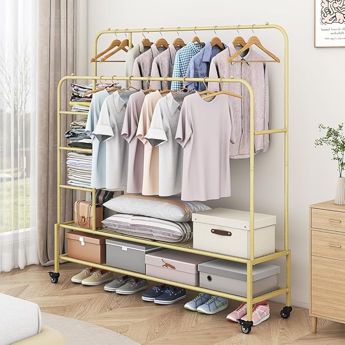 SUOERNUO Garment Rack for Hanging Clothes Rack Heavy Duty Portable with Bottom Metal Shelf Drying Coats Shirt,Black (Gold+Double Rods+Shelf)