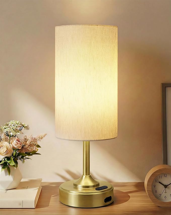 Battery Lamp, Dimmable, Ambient Light, 2700K, Timer, Touch Control, Portable, LED, Battery Operated, Rechargeable, Wireless, Cordless, Desk Lamp, Kitchen Lamp, Fabric Shade, for Bedroom, Living Room