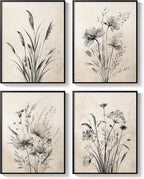 Framed Vintage Botanical Wall Art, 4 Piece Neutral Rustic Boho Floral Canvas Painting Prints for Modern Farmhouse, Black and White Flower Pictures for Living Room Bedroom Dining Room Wall Decor, 12x16